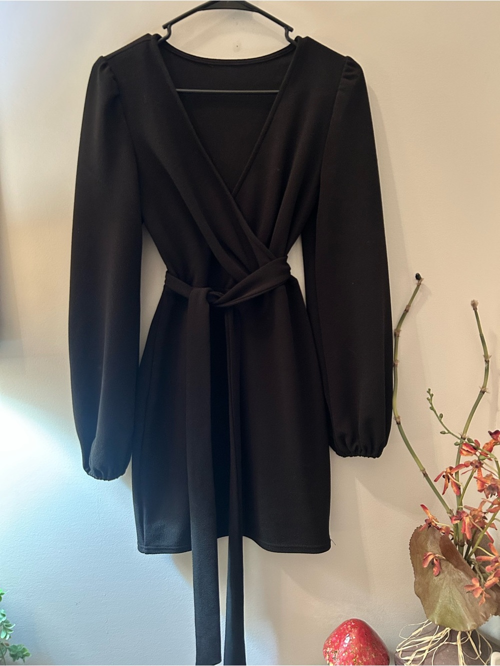 Zara Black Midi Wrap Dress with Tie Waist